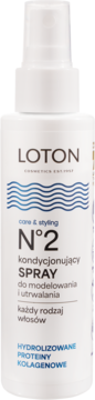 Biała butelka Loton N°2 kondycjonującego sprayu do włosów z proteinami kolagenowymi, widok z przodu.