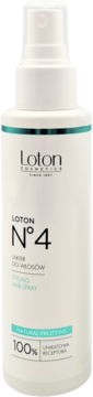 Biały lakier do włosów Loton N°4 w butelce ze sprayem, z zielonym paskiem, widok z przodu. Zawiera naturalne proteiny.