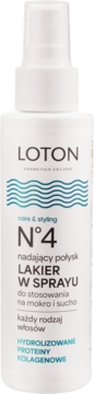 Loton N°4 nabłyszczający lakier do włosów w sprayu z proteinami, biała butelka, widok z przodu.