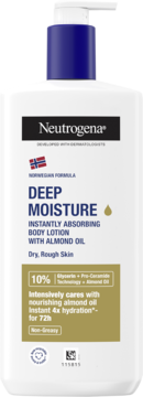 Neutrogena Deep Moisture Body Lotion w białej butelce z niebieską pompką, widok z przodu, do skóry suchej.