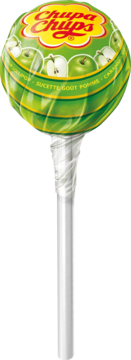 Zielony lizak Chupa Chups o smaku zielonego jabłka, w okrągłym opakowaniu z grafiką jabłek, widok z przodu.