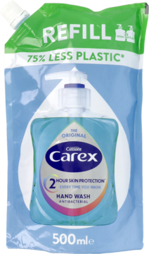 Niebieska saszetka Carex 500ml, antybakteryjne mydło do rąk, widok z przodu. Opakowanie zawiera 75% mniej plastiku.