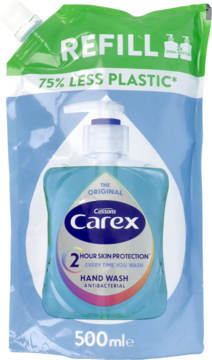 Niebieska saszetka Carex 500ml, antybakteryjne mydło do rąk, widok z przodu. Opakowanie zawiera 75% mniej plastiku.