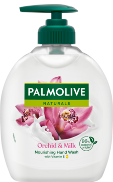 Palmolive Naturals Nourishing Hand Wash Orchid & Milk z witaminą E, butelka z zieloną pompką, widok z przodu.