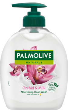 Palmolive Naturals Nourishing Hand Wash Orchid & Milk z witaminą E, butelka z zieloną pompką, widok z przodu.