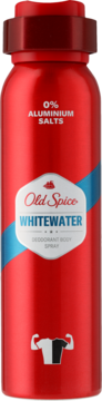 Czerwony dezodorant Old Spice Whitewater w sprayu, widok z przodu, z napisem "0% ALUMINIUM SALTS".