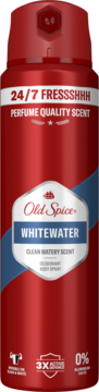 Old Spice Whitewater dezodorant w sprayu, czerwony, 0% aluminium, świeży wodny zapach, widok z przodu.