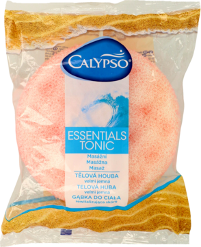 Różowa okrągła gąbka do ciała Calypso Essentials Tonic w folii, 2w1 do masażu. Widok z przodu.