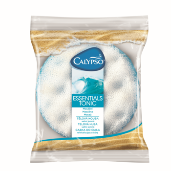 Calypso Essentials Tonic, okrągła gąbka 2w1 do masażu, biała z błękitnymi drobinkami, w opakowaniu.