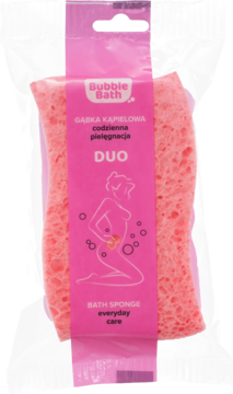 Widok z przodu: Różowa gąbka kąpielowa Bubble Bath DUO, podwójna do masażu i codziennej pielęgnacji, w folii.