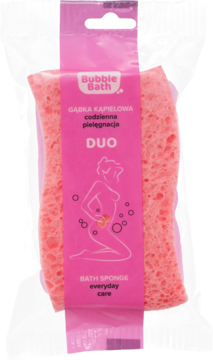 Widok z przodu: Różowa gąbka kąpielowa Bubble Bath DUO, podwójna do masażu i codziennej pielęgnacji, w folii.