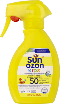 Żółty spray do opalania Sun Ozon Kids SPF 50 w butelce z czerwoną dyszą, widok z przodu. Wodoodporny.
