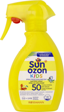 Żółty spray do opalania Sun Ozon Kids SPF 50 w butelce z czerwoną dyszą, widok z przodu. Wodoodporny.