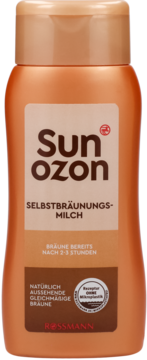 Brązowe mleczko samoopalające Sunozon w butelce, widok z przodu, z napisem "natürlich aussehende Bräune".