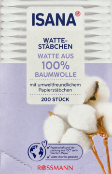 Isana patyczki kosmetyczne 100% bawełny z papierowym patyczkiem, białe opakowanie, widok z przodu z bawełną.