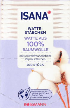 Isana patyczki kosmetyczne, 200 szt., papierowe, 100% bawełny. Fioletowe opakowanie z bawełną.