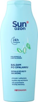 Sun ozon balsam po opalaniu z bio aloesem w jasnoniebieskiej butelce, przód z logo i napisem 24h nawilżenie.