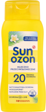 Żółta butelka Sunozon mleczka do opalania SPF 20, widok z przodu, wodoodporne, bez oktokrylenu.