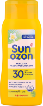 Frontalny widok żółtej butelki mleczka przeciwsłonecznego Sunozon SPF 30, z grafiką palm i ochrona UVA+UVB.