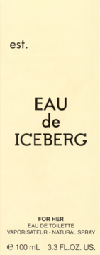 Jasnożółte pudełko zapachu Eau de Iceberg dla kobiet, przód z czarnym napisem "EAU de ICEBERG" i "FOR HER".