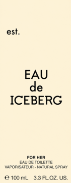 Beżowe opakowanie perfum Eau de Iceberg dla kobiet, 100 ml, widok z przodu z czarnym napisem.