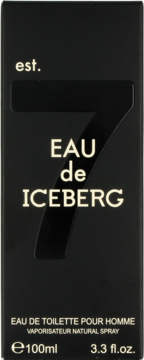Czarne pudełko Iceberg Eau de Iceberg 7, męska woda toaletowa 100ml, ze złotym napisem, widok z przodu.