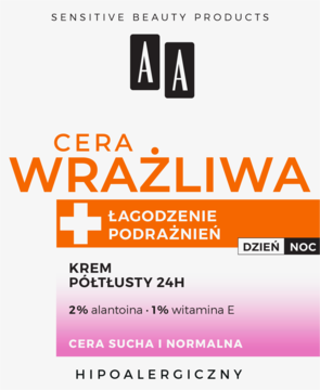 Opakowanie kremu AA Cera Wrażliwa Półtłusty 24H z alantoiną i witaminą E, przód, biele i pomarańcze.
