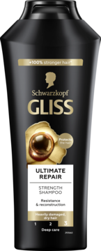 Czarne opakowanie szamponu Schwarzkopf Gliss Ultimate Repair, złote detale, do włosów zniszczonych i suchych.