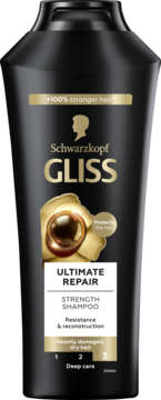 Czarne opakowanie szamponu Schwarzkopf Gliss Ultimate Repair, złote detale, do włosów zniszczonych i suchych.