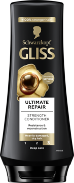 Czarna butelka odżywki Schwarzkopf Gliss Ultimate Repair do włosów zniszczonych, widok z przodu.