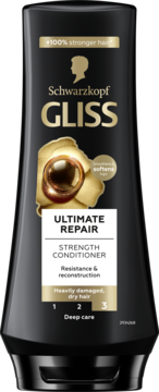 Czarna butelka odżywki Schwarzkopf Gliss Ultimate Repair do włosów zniszczonych, widok z przodu.