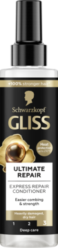 Czarno-złota butelka z atomizerem Schwarzkopf Gliss Ultimate Repair Express Conditioner, do włosów zniszczonych, widok z przodu.