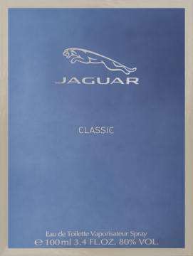 Jaguar Classic męska woda toaletowa w niebieskim pudełku ze srebrnym logo jaguara, frontalny widok.