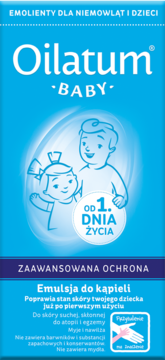 Niebieska butelka Oilatum Baby emulsji do kąpieli dla niemowląt, z grafiką dzieci i hasłem 'Od 1. dnia życia'.