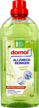domol uniwersalny płyn czyszczący Limetten-frische 1L, zielony, w butelce z recyklingu, widok z przodu.