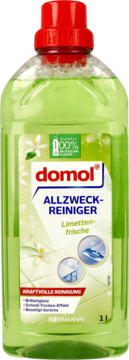 domol uniwersalny płyn czyszczący Limetten-frische 1L, zielony, w butelce z recyklingu, widok z przodu.