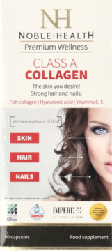 Białe opakowanie Noble Health Class A Collagen, suplementu diety dla zdrowej skóry, włosów i paznokci, widok z przodu.