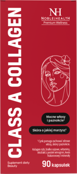 Czerwone opakowanie Noble Health Class A Collagen, suplement na włosy, skórę, paznokcie, z ilustracją kobiety. 90 kapsułek.
