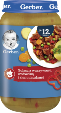 Słoik Gerber Gulasz z wołowiną, warzywami i ziemniakami, dla dzieci po 12. miesiącu, widok z przodu.