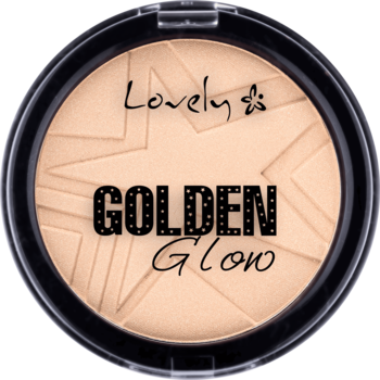 Rozświetlający puder Lovely Golden Glow w beżowym odcieniu z gwiazdkami, w czarnym okrągłym kompakcie, widok z góry.