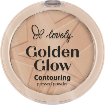 Rozświetlający puder Lovely Golden Glow Contouring w beżowym kompakcie z gwiezdnym wzorem, widok z góry.