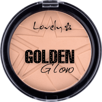 Lovely Golden Glow rozświetlający puder, beżowy z delikatnym blaskiem i wzorem gwiazd, w okrągłym czarnym opakowaniu, z góry.