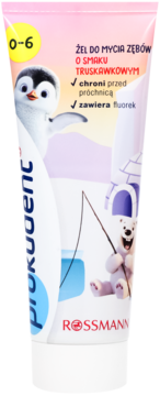 Prokudent żel do mycia zębów 0-6 lat, smak truskawkowy, z fluorem. Biała tubka z pingwinem i misiem, widok z przodu.