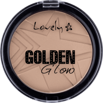 Puder rozświetlający Lovely Golden Glow, beżowy, w czarnym kompakcie z wytłoczonymi gwiazdkami, widok z góry.