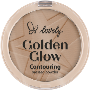 Beżowy puder prasowany lovely Golden Glow Contouring, w okrągłym kompakcie, z wytłoczonym wzorem gwiazd, widok z góry.