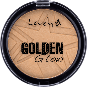 Lovely Golden Glow rozświetlający puder/bronzer, złoty odcień, z gwiazdami i napisem, w okrągłym czarnym opakowaniu.