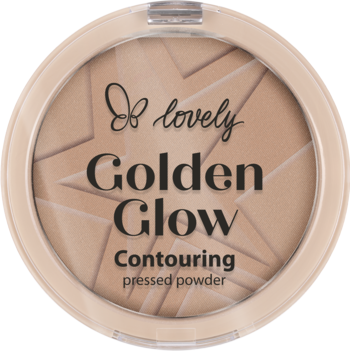 Lovely Golden Glow Contouring pressed powder, beżowy, w okrągłym kompakcie z wytłoczonymi gwiazdami, widok z góry.