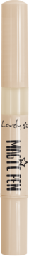 Beżowy, smukły korektor do twarzy z aplikatorem pędzelkowym, napisem 'Lovely', pionowy widok z przodu.