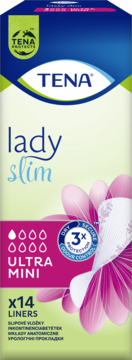 Biało-niebieskie opakowanie wkładek TENA Lady Slim Ultra Mini x14, dla kropelkowego nietrzymania moczu, widok z przodu.