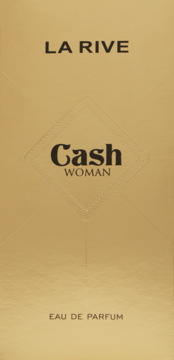 Złote opakowanie perfum La Rive Cash Woman Eau de Parfum z czarnym napisem i wytłoczonym wzorem na froncie.